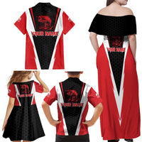 Bass Fishing Personalized Family Matching Off Shoulder Maxi Dress and Hawaiian Shirt Bold Red and Black Lightning Pattern and Honeycomb Background - Wonder Print Shop