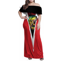 Bass Fishing Personalized Family Matching Off Shoulder Maxi Dress and Hawaiian Shirt Bold Red and Black Lightning Pattern and Honeycomb Background - Wonder Print Shop