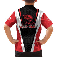 Bass Fishing Personalized Family Matching Off Shoulder Short Dress and Hawaiian Shirt Bold Red and Black Lightning Pattern and Honeycomb Background - Wonder Print Shop