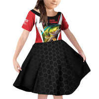 Bass Fishing Personalized Family Matching Off Shoulder Short Dress and Hawaiian Shirt Bold Red and Black Lightning Pattern and Honeycomb Background - Wonder Print Shop