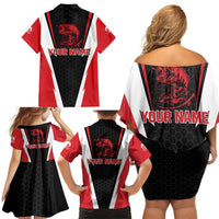 Bass Fishing Personalized Family Matching Off Shoulder Short Dress and Hawaiian Shirt Bold Red and Black Lightning Pattern and Honeycomb Background - Wonder Print Shop