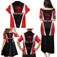 Bass Fishing Personalized Family Matching Puletasi and Hawaiian Shirt Bold Red and Black Lightning Pattern and Honeycomb Background - Wonder Print Shop