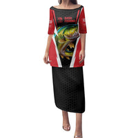 Bass Fishing Personalized Family Matching Puletasi and Hawaiian Shirt Bold Red and Black Lightning Pattern and Honeycomb Background - Wonder Print Shop