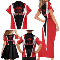 Bass Fishing Personalized Family Matching Short Sleeve Bodycon Dress and Hawaiian Shirt Bold Red and Black Lightning Pattern and Honeycomb Background - Wonder Print Shop