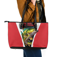Bass Fishing Personalized Leather Tote Bag Bold Red and Black Lightning Pattern and Honeycomb Background - Wonder Print Shop