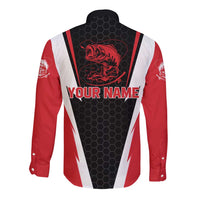 Bass Fishing Personalized Long Sleeve Button Shirt Bold Red and Black Lightning Pattern and Honeycomb Background - Wonder Print Shop