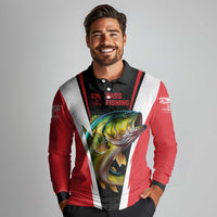 Bass Fishing Personalized Long Sleeve Polo Shirt Bold Red and Black Lightning Pattern and Honeycomb Background - Wonder Print Shop