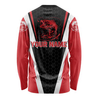 Bass Fishing Personalized Long Sleeve Shirt Bold Red and Black Lightning Pattern and Honeycomb Background - Wonder Print Shop