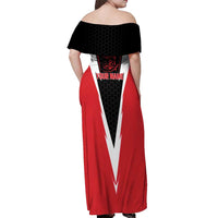 Bass Fishing Personalized Off Shoulder Maxi Dress Bold Red and Black Lightning Pattern and Honeycomb Background - Wonder Print Shop