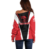Bass Fishing Personalized Off Shoulder Sweater Bold Red and Black Lightning Pattern and Honeycomb Background - Wonder Print Shop