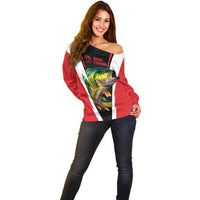 Bass Fishing Personalized Off Shoulder Sweater Bold Red and Black Lightning Pattern and Honeycomb Background - Wonder Print Shop
