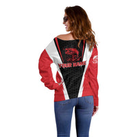 Bass Fishing Personalized Off Shoulder Sweater Bold Red and Black Lightning Pattern and Honeycomb Background - Wonder Print Shop