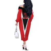 Bass Fishing Personalized Off The Shoulder Long Sleeve Dress Bold Red and Black Lightning Pattern and Honeycomb Background - Wonder Print Shop