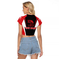 Bass Fishing Personalized Raglan Cropped T Shirt Bold Red and Black Lightning Pattern and Honeycomb Background - Wonder Print Shop