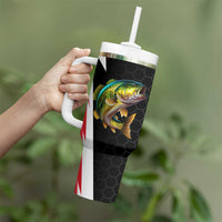 Bass Fishing Personalized Tumbler With Handle Bold Red and Black Lightning Pattern and Honeycomb Background - Wonder Print Shop