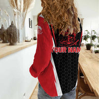 Bass Fishing Personalized Women Casual Shirt Bold Red and Black Lightning Pattern and Honeycomb Background - Wonder Print Shop