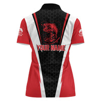 Bass Fishing Personalized Women Polo Shirt Bold Red and Black Lightning Pattern and Honeycomb Background - Wonder Print Shop