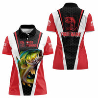 Bass Fishing Personalized Women Polo Shirt Bold Red and Black Lightning Pattern and Honeycomb Background - Wonder Print Shop