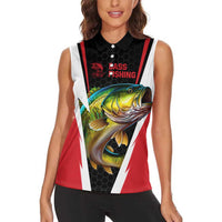 Bass Fishing Personalized Women Sleeveless Polo Shirt Bold Red and Black Lightning Pattern and Honeycomb Background - Wonder Print Shop