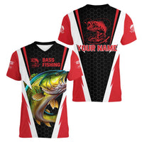 Bass Fishing Personalized Women V-Neck T-Shirt Bold Red and Black Lightning Pattern and Honeycomb Background - Wonder Print Shop