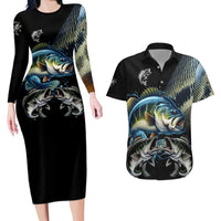 Largemouth Bass Fishing Scale Customize Name Couples Matching Long Sleeve Bodycon Dress and Hawaiian Shirt Aggressive Bass Scaled Texture and Black Sporty - Wonder Print Shop