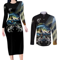 Largemouth Bass Fishing Scale Customize Name Couples Matching Long Sleeve Bodycon Dress and Long Sleeve Button Shirt Aggressive Bass Scaled Texture and Black Sporty - Wonder Print Shop