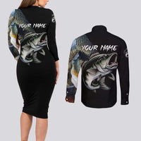 Largemouth Bass Fishing Scale Customize Name Couples Matching Long Sleeve Bodycon Dress and Long Sleeve Button Shirt Aggressive Bass Scaled Texture and Black Sporty - Wonder Print Shop