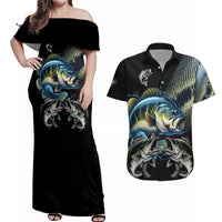 Largemouth Bass Fishing Scale Customize Name Couples Matching Off Shoulder Maxi Dress and Hawaiian Shirt Aggressive Bass Scaled Texture and Black Sporty - Wonder Print Shop