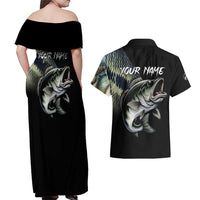 Largemouth Bass Fishing Scale Customize Name Couples Matching Off Shoulder Maxi Dress and Hawaiian Shirt Aggressive Bass Scaled Texture and Black Sporty - Wonder Print Shop