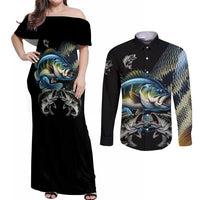 Largemouth Bass Fishing Scale Customize Name Couples Matching Off Shoulder Maxi Dress and Long Sleeve Button Shirt Aggressive Bass Scaled Texture and Black Sporty - Wonder Print Shop
