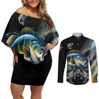 Largemouth Bass Fishing Scale Customize Name Couples Matching Off Shoulder Short Dress and Long Sleeve Button Shirt Aggressive Bass Scaled Texture and Black Sporty - Wonder Print Shop