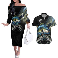 Largemouth Bass Fishing Scale Customize Name Couples Matching Off The Shoulder Long Sleeve Dress and Hawaiian Shirt Aggressive Bass Scaled Texture and Black Sporty - Wonder Print Shop
