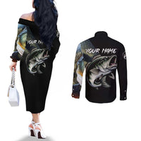 Largemouth Bass Fishing Scale Customize Name Couples Matching Off The Shoulder Long Sleeve Dress and Long Sleeve Button Shirt Aggressive Bass Scaled Texture and Black Sporty - Wonder Print Shop