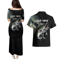 Largemouth Bass Fishing Scale Customize Name Couples Matching Puletasi and Hawaiian Shirt Aggressive Bass Scaled Texture and Black Sporty - Wonder Print Shop