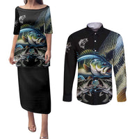 Largemouth Bass Fishing Scale Customize Name Couples Matching Puletasi and Long Sleeve Button Shirt Aggressive Bass Scaled Texture and Black Sporty - Wonder Print Shop
