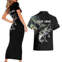 Largemouth Bass Fishing Scale Customize Name Couples Matching Short Sleeve Bodycon Dress and Hawaiian Shirt Aggressive Bass Scaled Texture and Black Sporty - Wonder Print Shop
