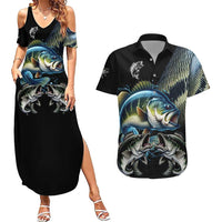 Largemouth Bass Fishing Scale Customize Name Couples Matching Summer Maxi Dress and Hawaiian Shirt Aggressive Bass Scaled Texture and Black Sporty - Wonder Print Shop