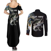 Largemouth Bass Fishing Scale Customize Name Couples Matching Summer Maxi Dress and Long Sleeve Button Shirt Aggressive Bass Scaled Texture and Black Sporty - Wonder Print Shop