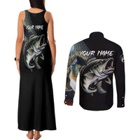 Largemouth Bass Fishing Scale Customize Name Couples Matching Tank Maxi Dress and Long Sleeve Button Shirt Aggressive Bass Scaled Texture and Black Sporty - Wonder Print Shop