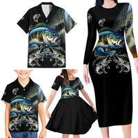 Largemouth Bass Fishing Scale Customize Name Family Matching Long Sleeve Bodycon Dress and Hawaiian Shirt Aggressive Bass Scaled Texture and Black Sporty - Wonder Print Shop
