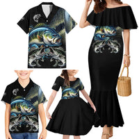 Largemouth Bass Fishing Scale Customize Name Family Matching Mermaid Dress and Hawaiian Shirt Aggressive Bass Scaled Texture and Black Sporty - Wonder Print Shop