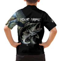Largemouth Bass Fishing Scale Customize Name Family Matching Off Shoulder Maxi Dress and Hawaiian Shirt Aggressive Bass Scaled Texture and Black Sporty - Wonder Print Shop