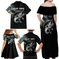 Largemouth Bass Fishing Scale Customize Name Family Matching Off Shoulder Maxi Dress and Hawaiian Shirt Aggressive Bass Scaled Texture and Black Sporty - Wonder Print Shop
