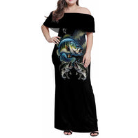 Largemouth Bass Fishing Scale Customize Name Family Matching Off Shoulder Maxi Dress and Hawaiian Shirt Aggressive Bass Scaled Texture and Black Sporty - Wonder Print Shop