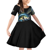 Largemouth Bass Fishing Scale Customize Name Family Matching Off Shoulder Short Dress and Hawaiian Shirt Aggressive Bass Scaled Texture and Black Sporty - Wonder Print Shop
