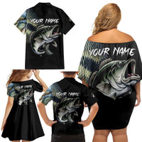 Largemouth Bass Fishing Scale Customize Name Family Matching Off Shoulder Short Dress and Hawaiian Shirt Aggressive Bass Scaled Texture and Black Sporty - Wonder Print Shop