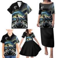 Largemouth Bass Fishing Scale Customize Name Family Matching Puletasi and Hawaiian Shirt Aggressive Bass Scaled Texture and Black Sporty - Wonder Print Shop