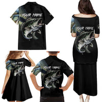 Largemouth Bass Fishing Scale Customize Name Family Matching Puletasi and Hawaiian Shirt Aggressive Bass Scaled Texture and Black Sporty - Wonder Print Shop