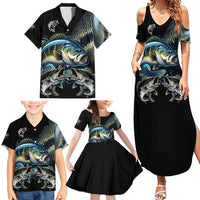 Largemouth Bass Fishing Scale Customize Name Family Matching Summer Maxi Dress and Hawaiian Shirt Aggressive Bass Scaled Texture and Black Sporty - Wonder Print Shop