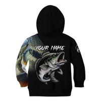 Largemouth Bass Fishing Scale Customize Name Kid Hoodie Aggressive Bass Scaled Texture and Black Sporty - Wonder Print Shop